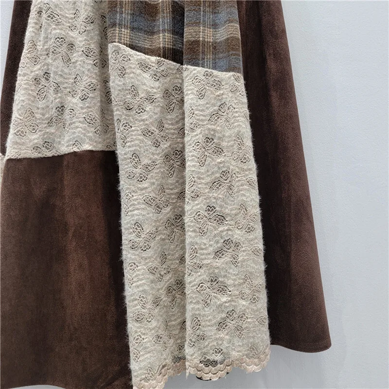 Spódnica damska HKSH Jesień Zima Nowa Kolekcja Blok Kolorów Asymetryczna Patchworkowa Koronka Ażurowa Szydełkowa Krata Plisowana Retro Spódnice w Stylu Ins HK14637