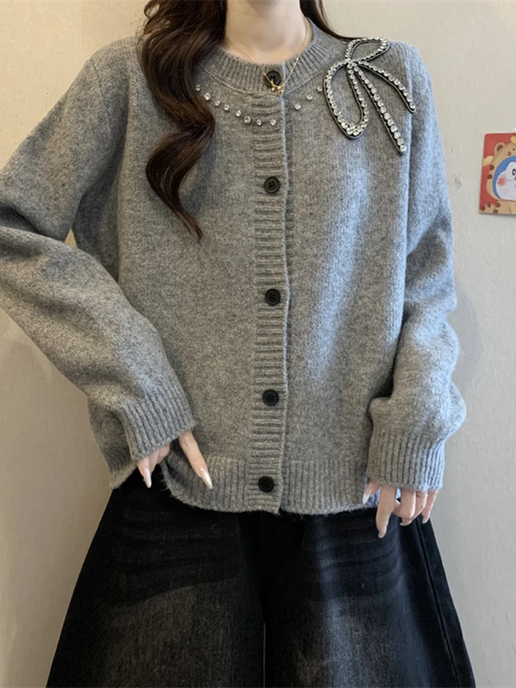 

Knot Beaded round Ne Knitted Open Cardigan Women's Loose Versatile Outerwear Anti-Aging Ladies Sweater Autumn Win...