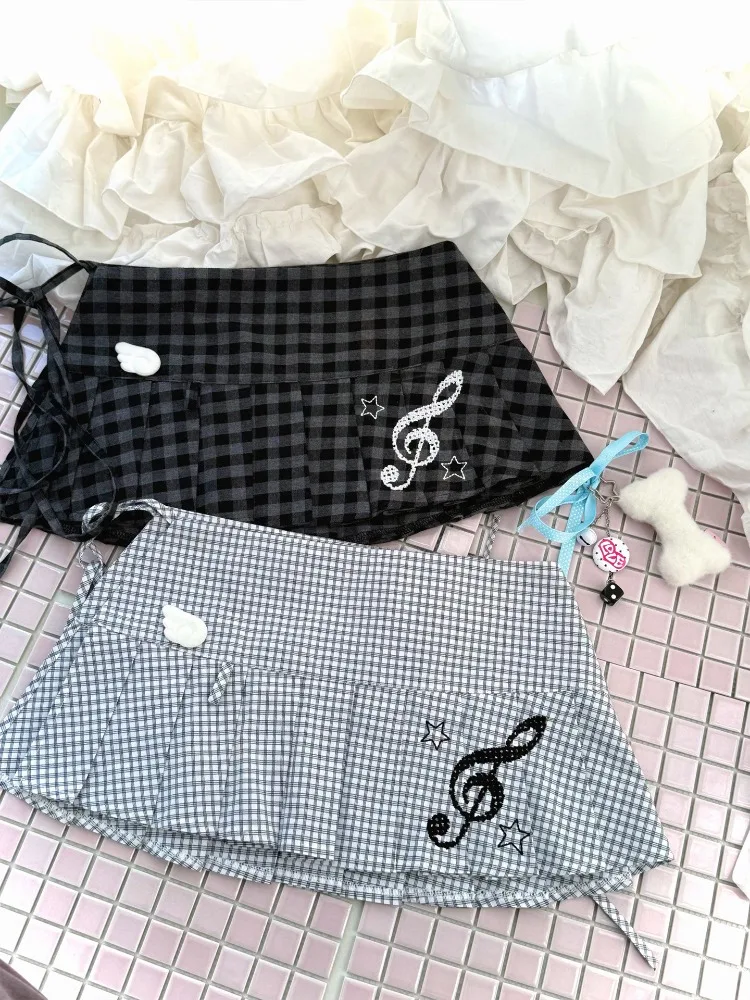 Plaid Musical Note Skirt Pleated Mini Women's skirts High Waist A-line Roupas Feminina Y2k Faldas Preppy Style Ropa Mujer