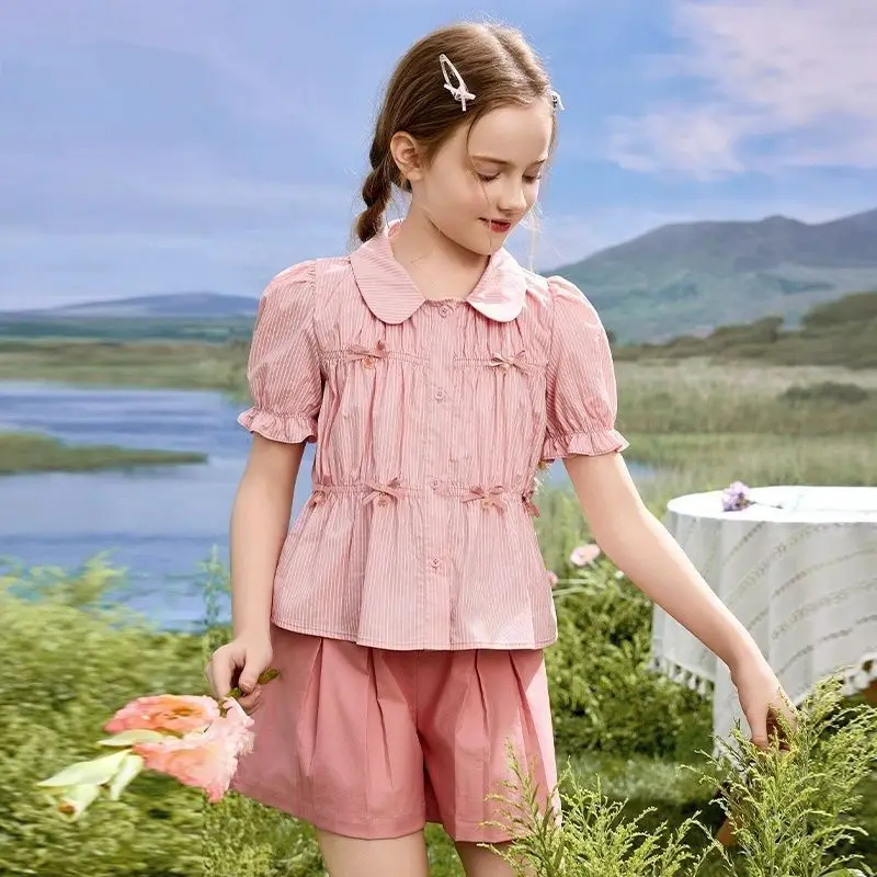 Kids Girls Summer 2 Piece Outfit Cute Short Sleeve Shirt Shorts Set Sweet Casual Clothing for Children Stylish Holiday Playwear