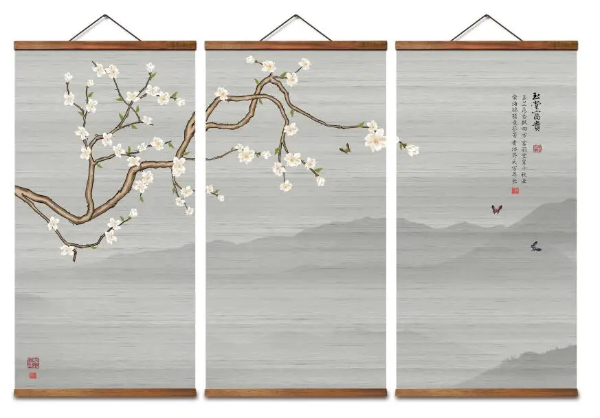 

MT0307 Chinese Style flowers Magnolia Butterfly Decorative Wall Art Posters Solid Wood Scroll Paintings