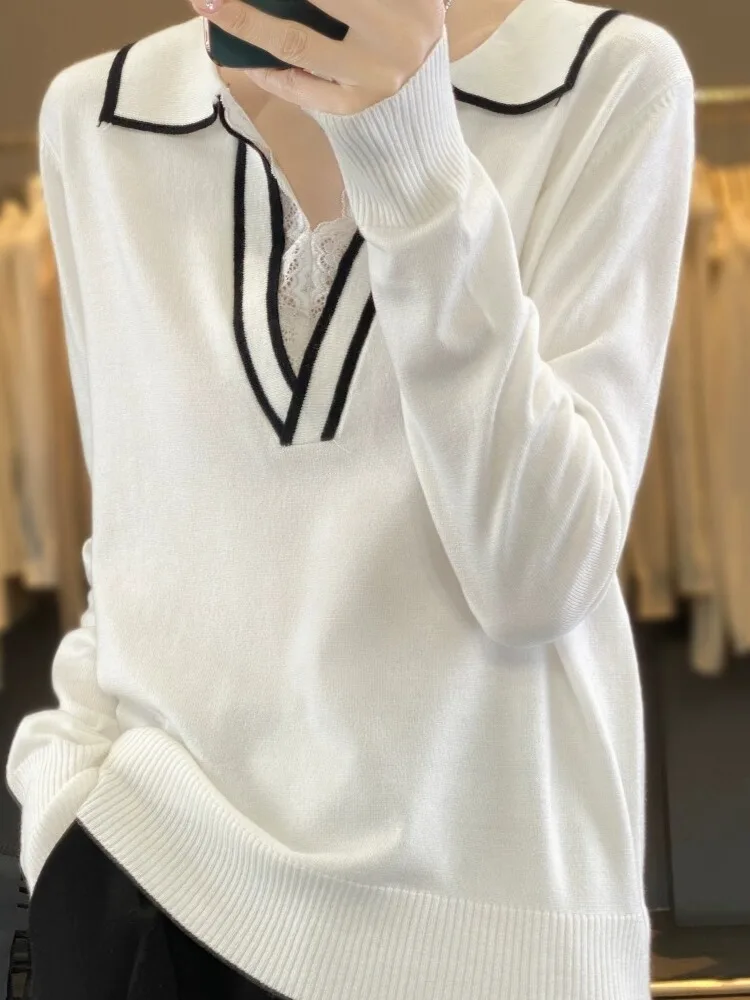 

Women's Camere Sweater V-Ne Faion Color Blo Long Sve Knitted Top Bla College Sle Outerwear Boting irt