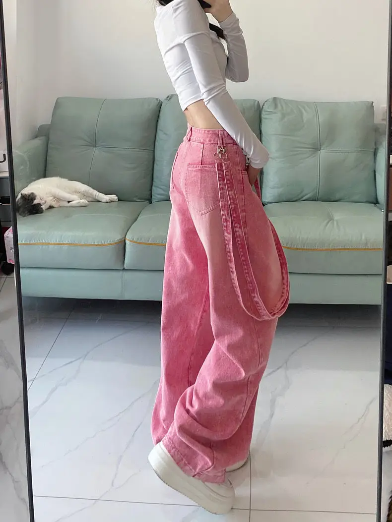 Streetwear Cut Out Denim Trousers Women Jeans High Waist Dopamine Pink Y2K Patchwork Belt Casual Loose Straight Cargo Pants