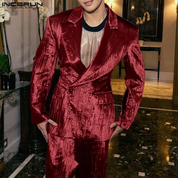 Incerun-メンズの光沢のあるプリーツウエストスーツ、メンズコート、長袖ブレザー、ダブルポケット、ラペル、光沢のあるフィットトップス、パーティーショー、ファッション、新しい