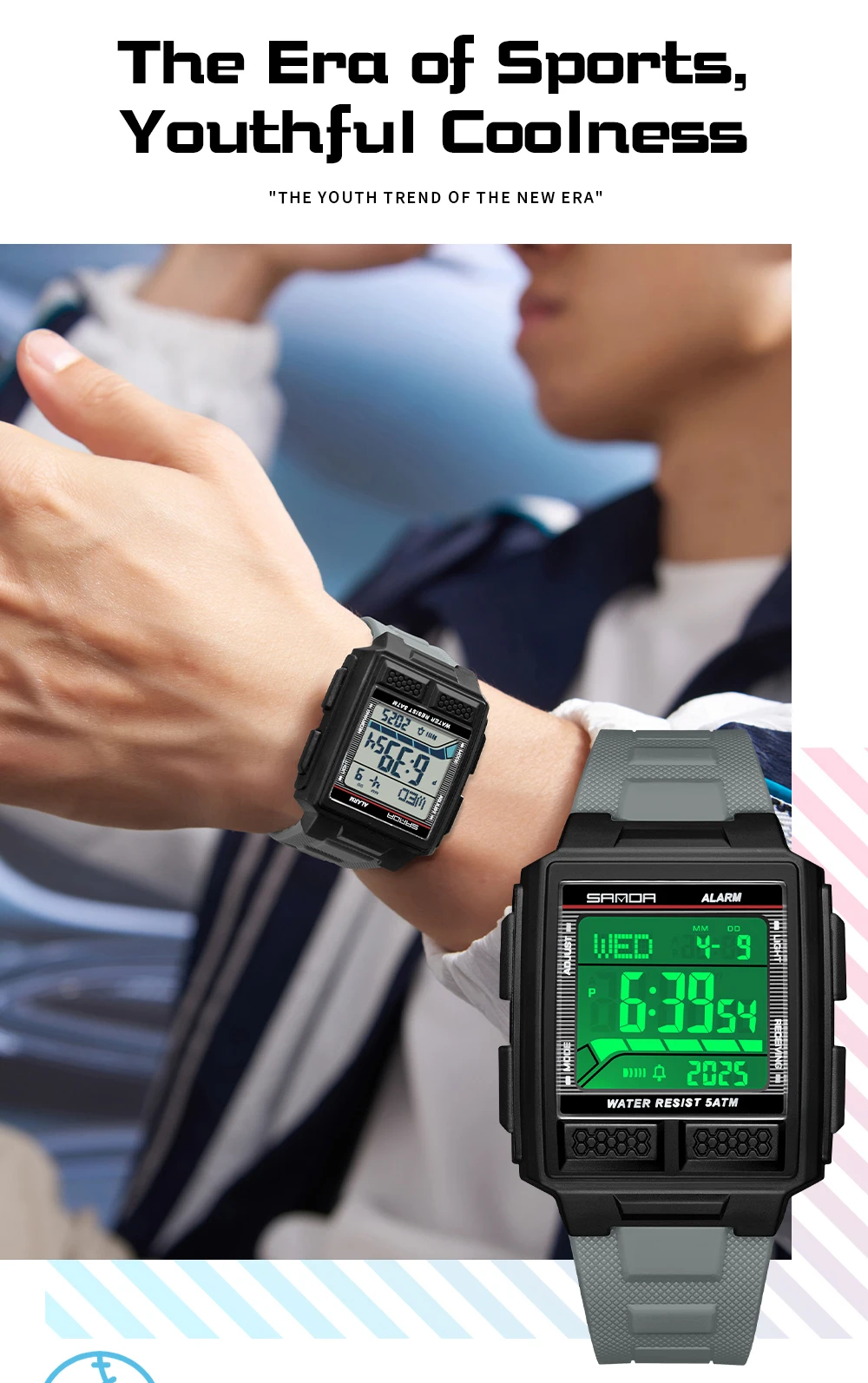 SANDA 2212 الشباب الرياضة ساعة إلكترونية 5ATM مقاوم للماء ضوء الليل العد التنازلي ساعة توقيت ساعة تنبيه ثلاثية الأبعاد مجسمة