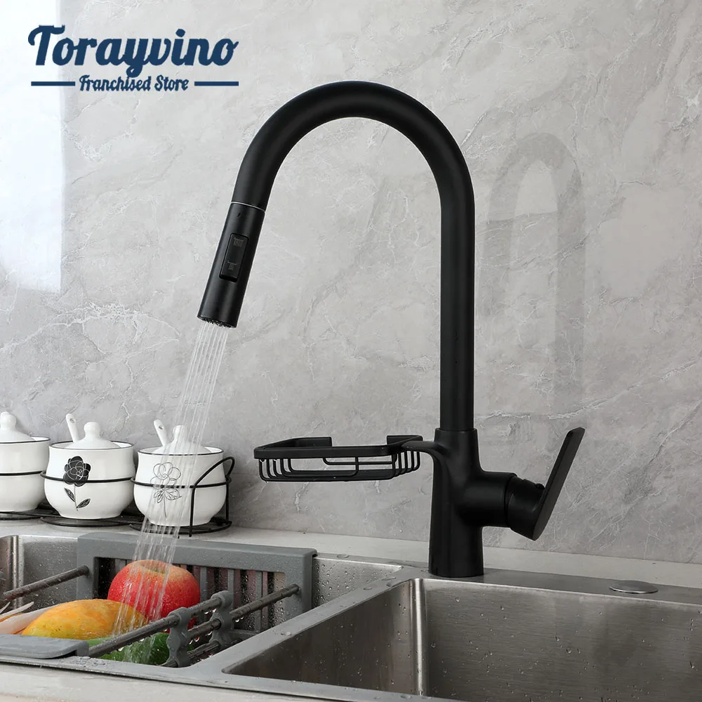 Torayvino Kitchen Faucet With Basket Storage Rack Drainage Deck Mount Pull Out With 360°Swivel Two Water Outlet Modes Mixer Taps