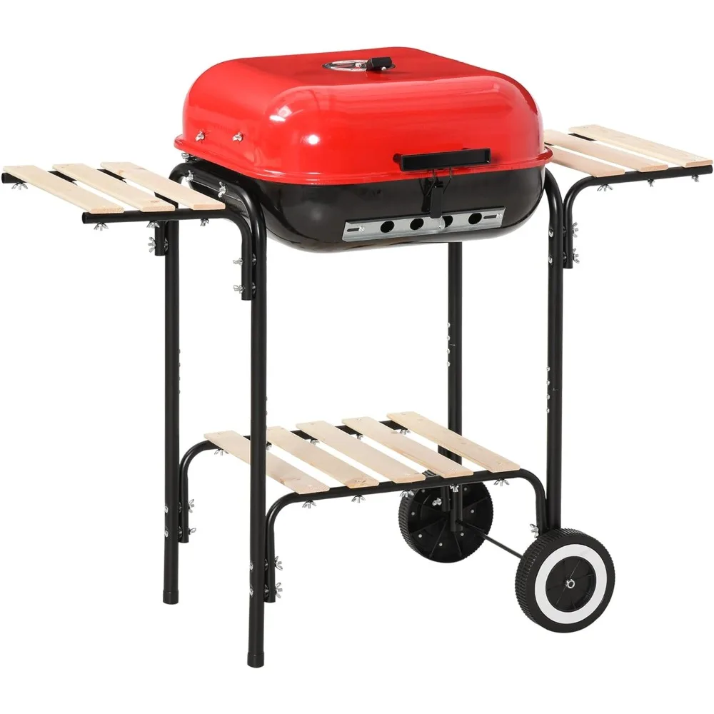 

Portable Charcoal Grill with Two Side Shelf and Bottom Shelf, BBQ Smoker with Wheels and Adjustable Vents on Lid