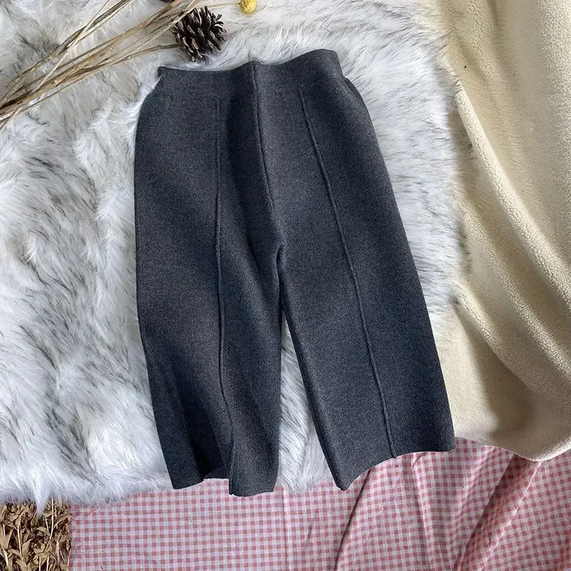 

Autumn Winter Outwear Trousers Black Gray Apricot Wide Leg Pants 2025 New Korean Style Kids Girls Knitted Casual Pants Loose