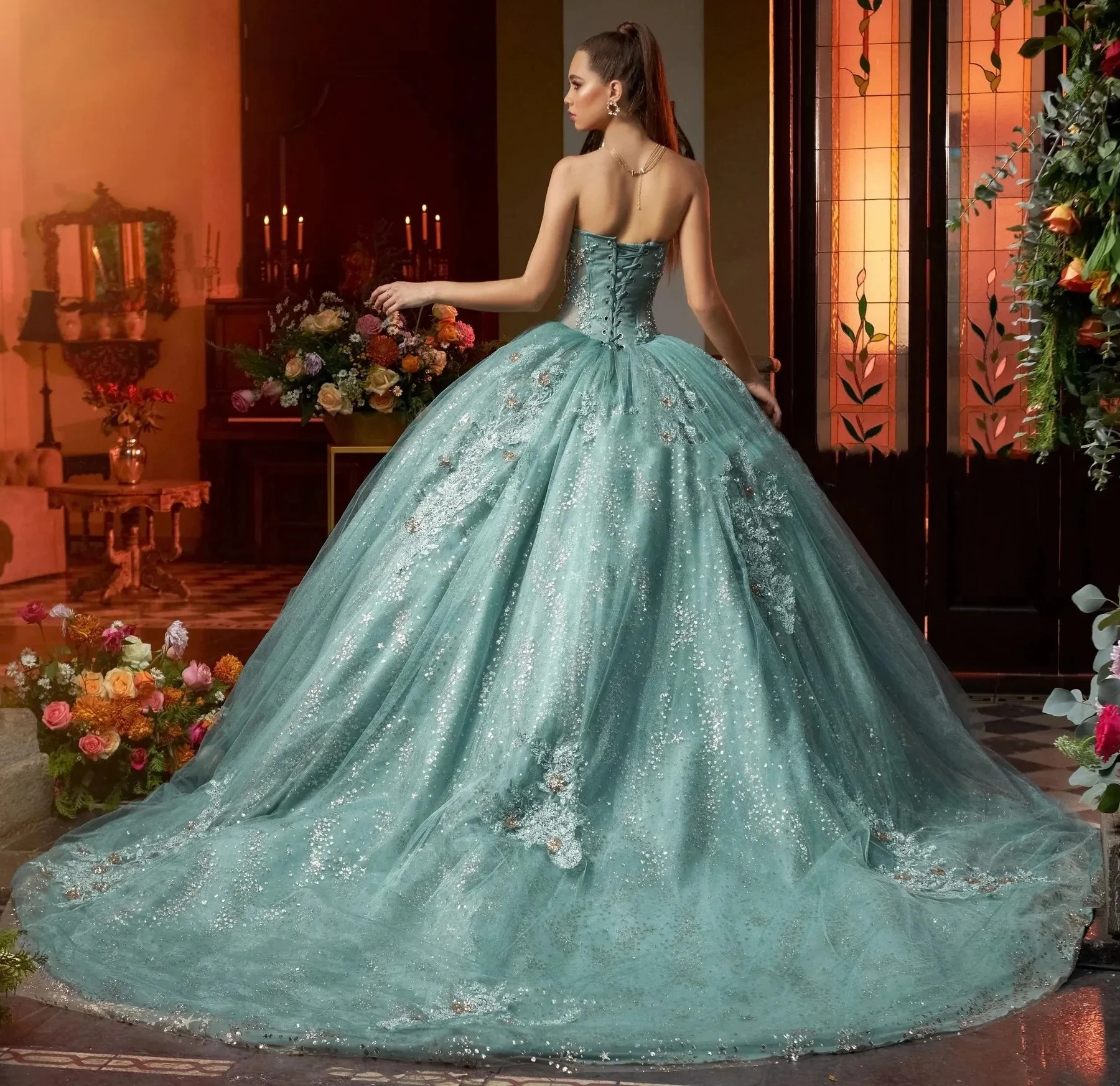 Teal Blue charo Quinceanera abiti Ball Gown Sweetheart Tulle Appliques Puffy Mexican Sweet 16 abiti 15 Anos