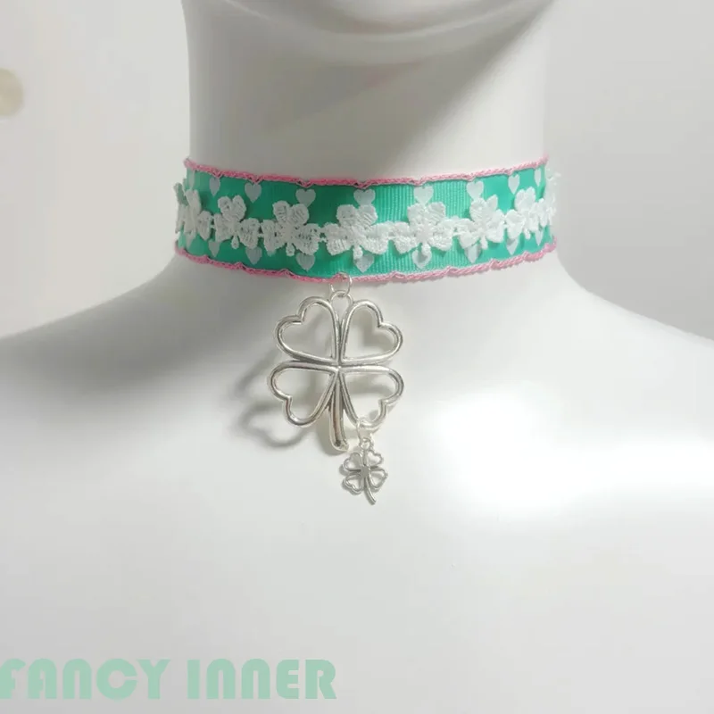 New Y2k Necklace Choker Four-Leaf Clover Pendant Green Ribbon Love Heart Cute Vintage Neck Accessaries for Women Girl Jewelry