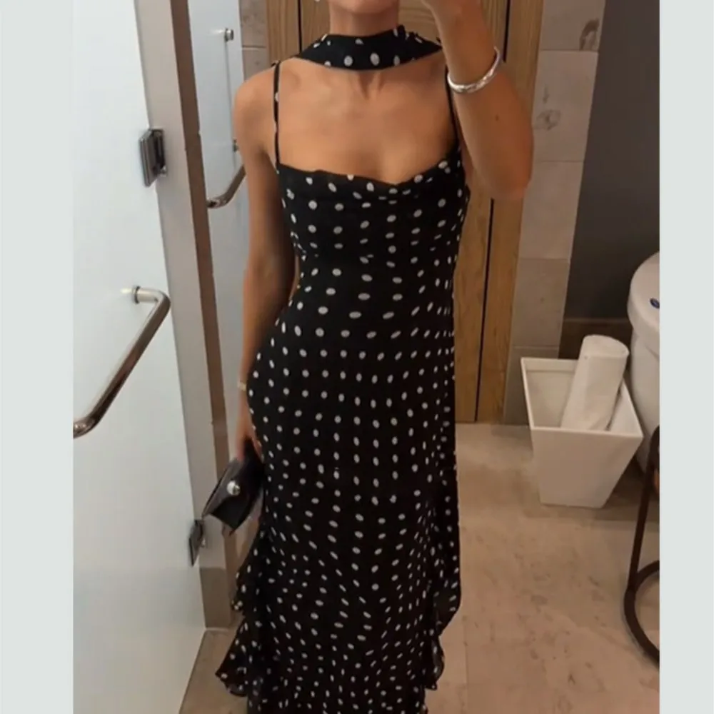 

Casual Elegant Evening Dress Halter Neck Summer Retro Polka Dot Ruffle Halter Neck Sleeveless Suspender High Waist Long Dress