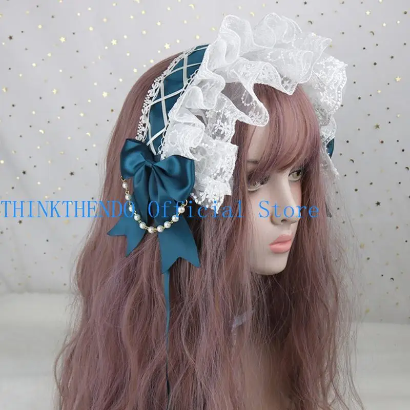 

652F Lovely Sweet Hairband Anime Maid Headbands Women Ruffled Lace Headwear Ribbon Bowknot Pearls Chain Hair Accessory