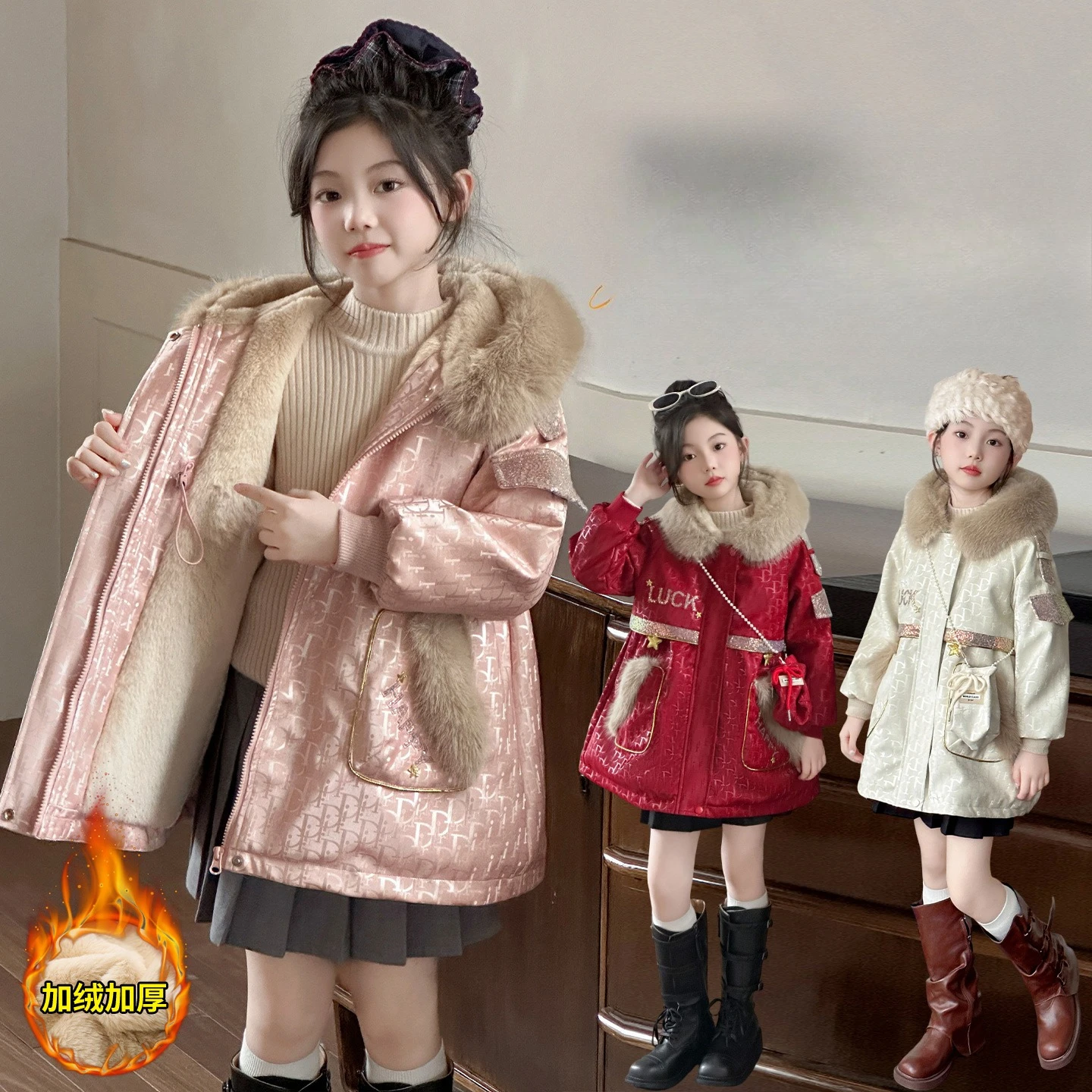 

winter Teen Girls Warm faux fur jacket Retro outerwear PU coat Thickened velvet lining junior kids overcoat+bag glitter Parkas