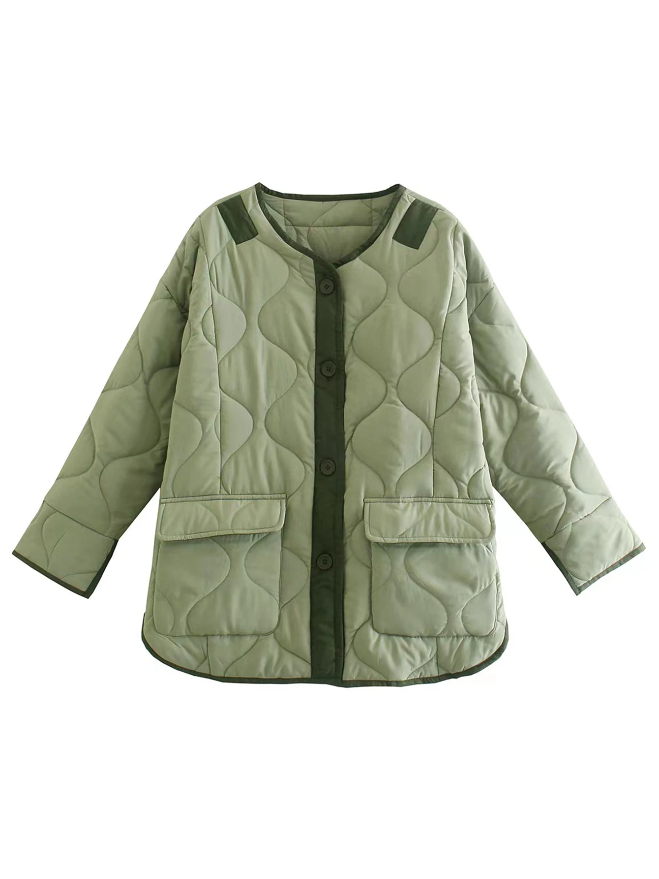 Gewatteerde damesjas Eenvoudig Effen Lange mouw Ronde hals Knoop Voorzakken Dagelijks Mode Herfst Winter Enkele rij knopen