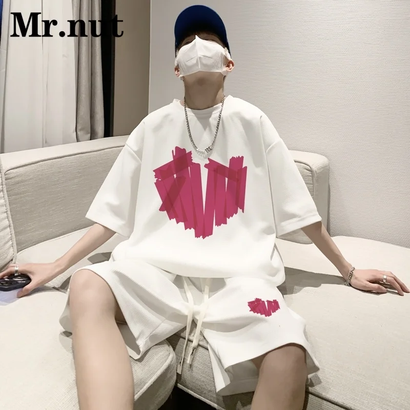 

Mr.Nut Waffle Short Sleeve T-Shirt Summer Suit Men's Clothing Two Piece Set Youth Couple Sportswear Fashion Design Streetwear