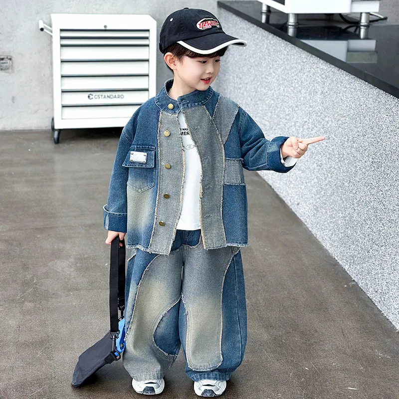 High Fashion Children Outfit Kids Clothes Set Boys Denim Patchwork Suit Children's Cool Jeans jacket+Loose Jeans 2pcs Suit 3-15Y