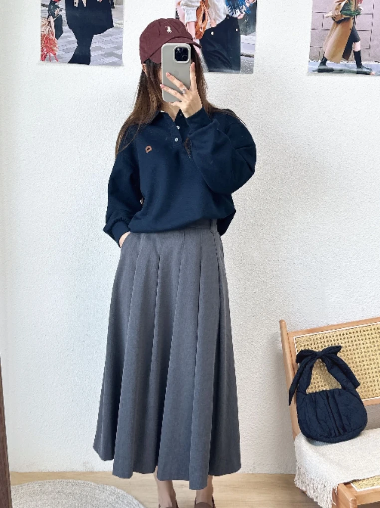 Casual High Waist Pleated Skirt Faionable Artistic Sle Slimming Versatile Korean Design Ci Commute Cotton f-length S...