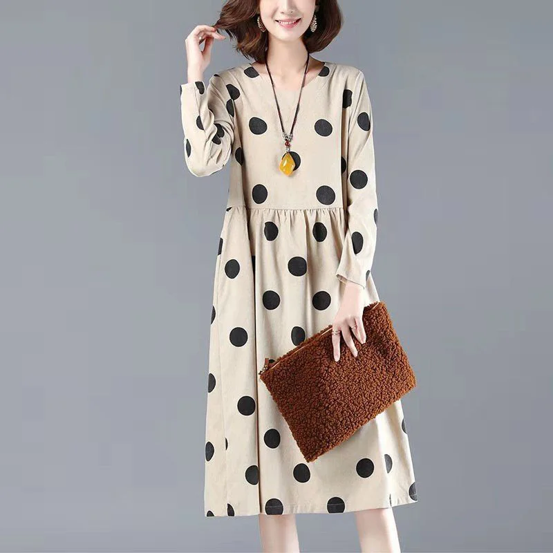 

Fashion V-Neck Printed Loose Folds Polka Dot Midi Dress Women Clothing 2023 Autumn New Oversized Long Sleeve Casual Dresses