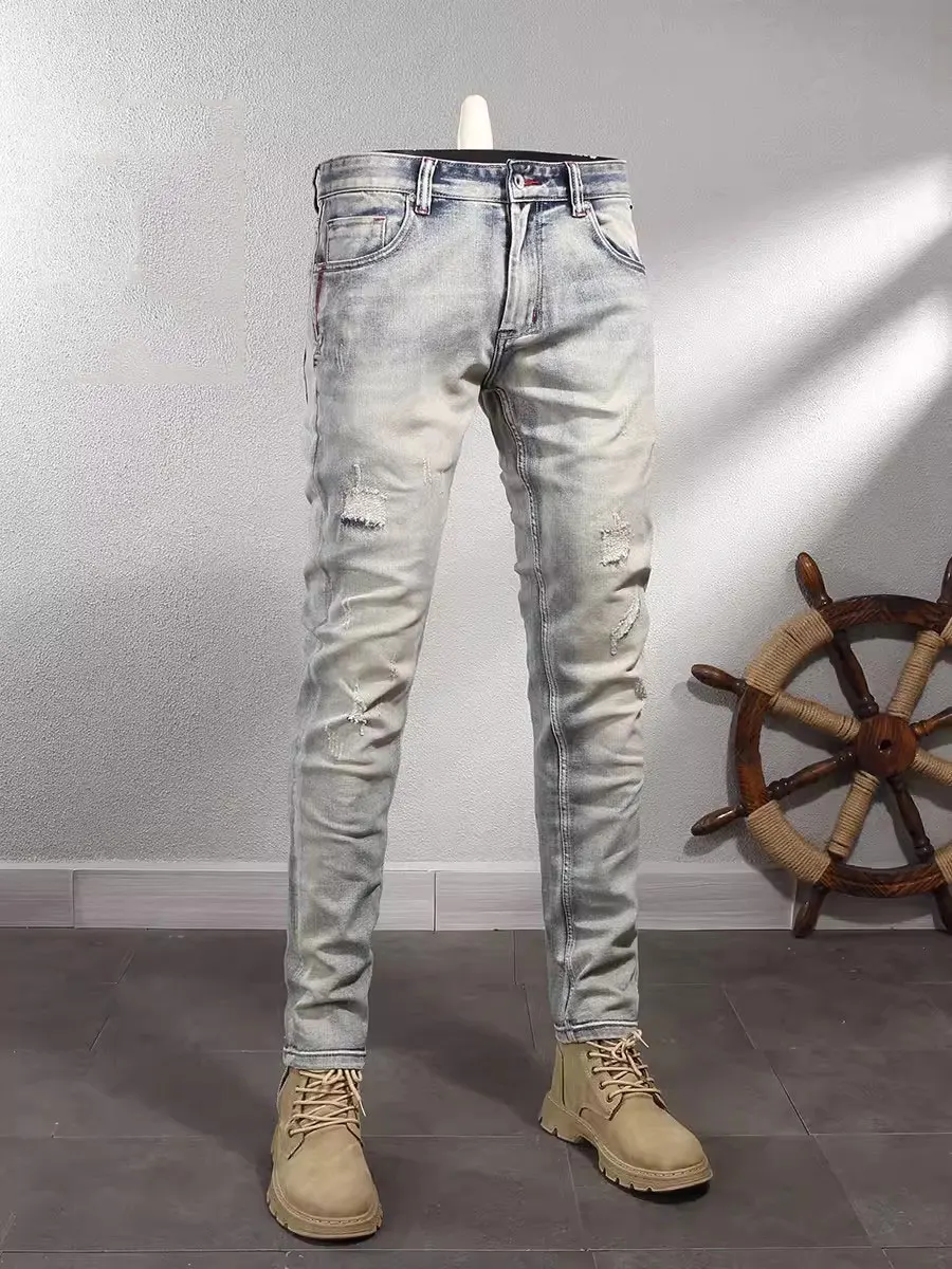 Fashion Designer Men Jeans High Quality Retro Washed Light Blue Elastic Slim Fit Ripped Jeans Men Vintage Denim Pants Hombre