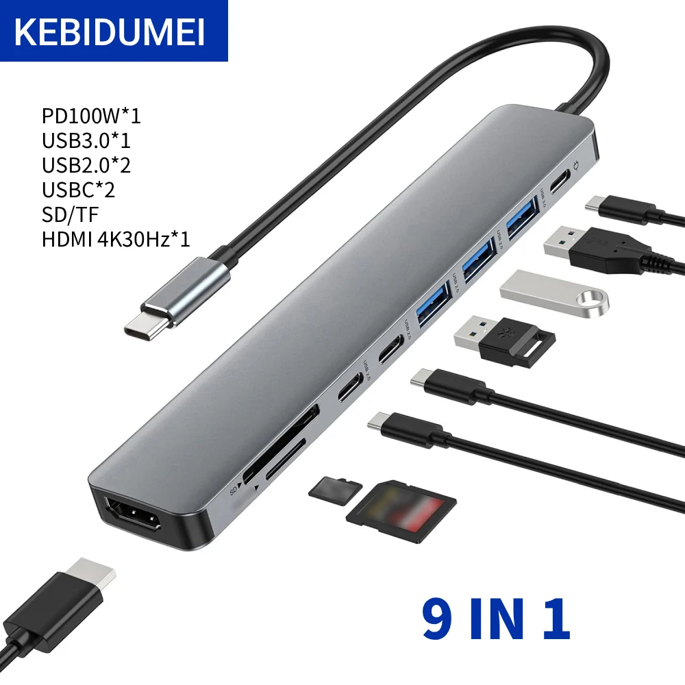Многопортовый-usb-хаб-kebidumei-usb-30-type-c-с-портами-usb-20-кардридером-tf-sd-быстрой-зарядкой-pd-и-поддержкой-4k-hdtv-для-macbook-и-ноутбуков