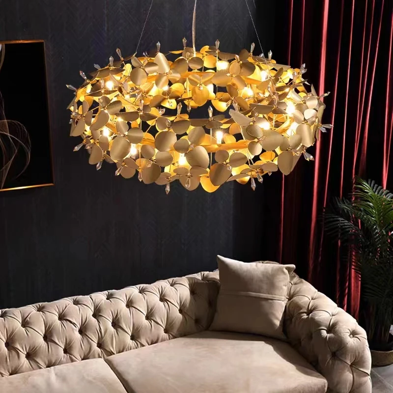 Imagem -02 - Nordic Firefly Lustre de Cristal Criativo Sala Estar Anel Folha Quarto Iluminação Luz Luxo Brilho Dourado Aço Inoxidável Novo