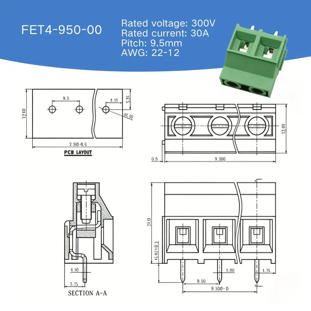 100PIN KF/DG950 Screw Terminal Block 9.5mm Pitch 30A 300V High Current Plug Terminal Connectable