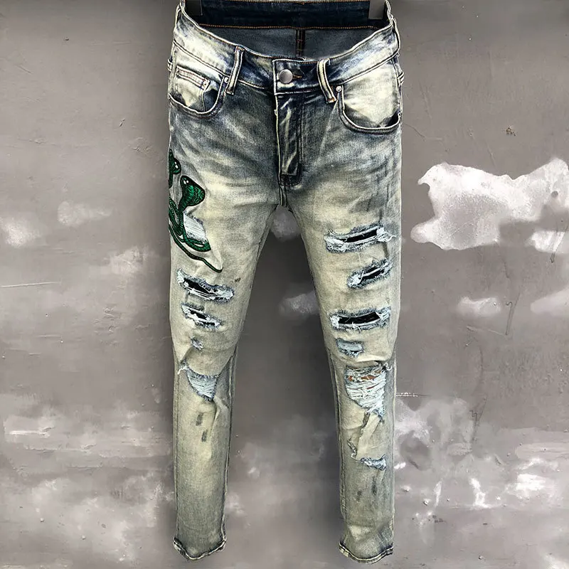 2023 Motorcycle Pants Streetwear Ripped Jean Noir Homme Zipper Jean For Men Spring Animal Snake Embroidery Patchwork Jean Hombre