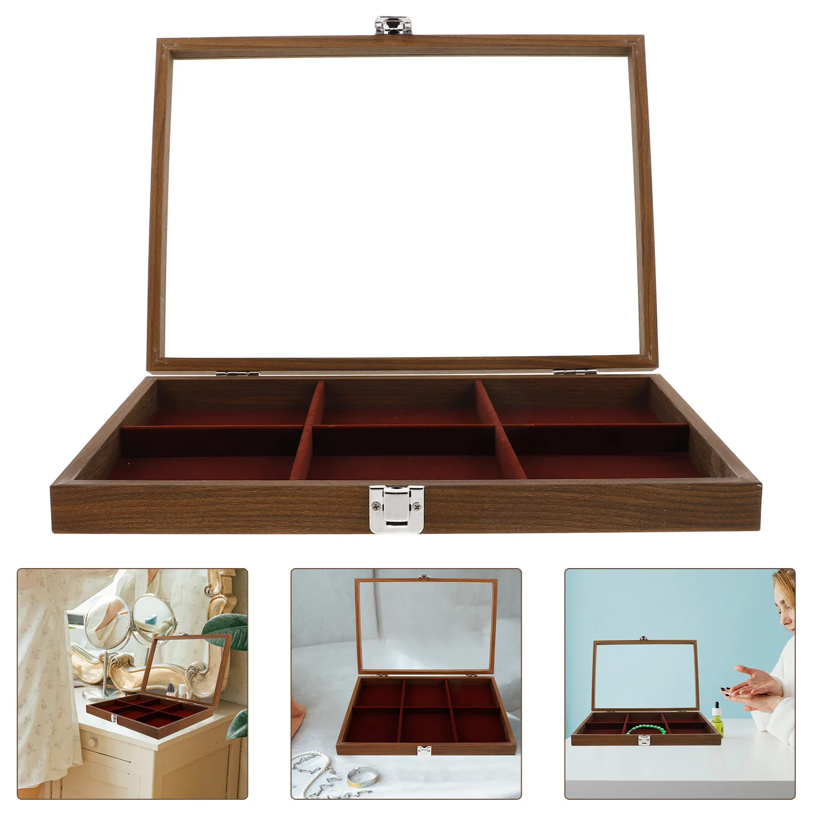 

Wooden Jewelry Box 6-Compartment Organizer Vintage Style Display Case for Rings Earrings Necklaces Bracelets with Lid Dustproof