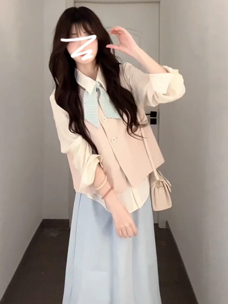 Sweet College Sle – ensemble dr pour femmes, t-shirt, Suite, jupe trapèze, col Long, mi-long, mélange de coton et Polyester