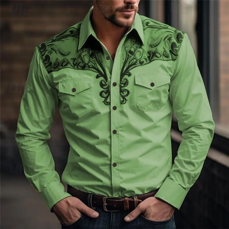 New Men's Long Sleeve Shirt 3D Vintage Print Casual Fashion Western Style Cowboy Style Men's Flap-Collar Shirt