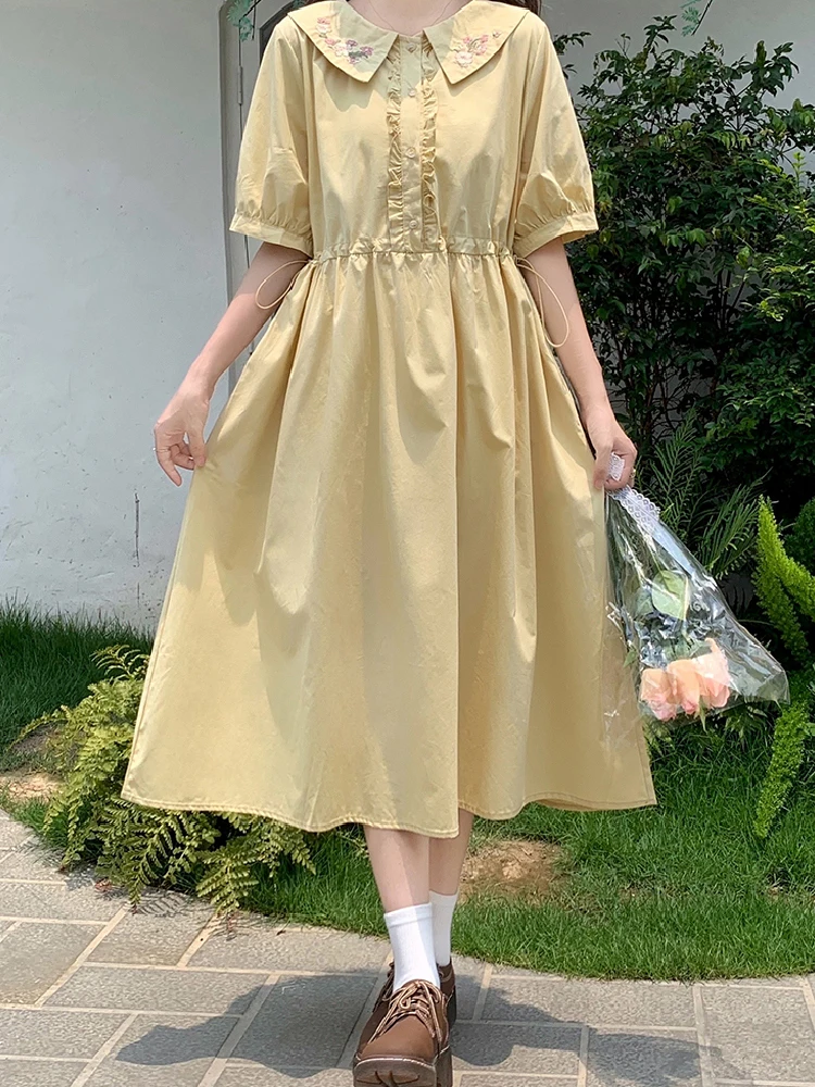 Sweet Kawaii Preppy Style Lolita Women Dress Elegant Summer Embroidery Waist Short Sleeve Ruffles Princess Dresses Female 2023