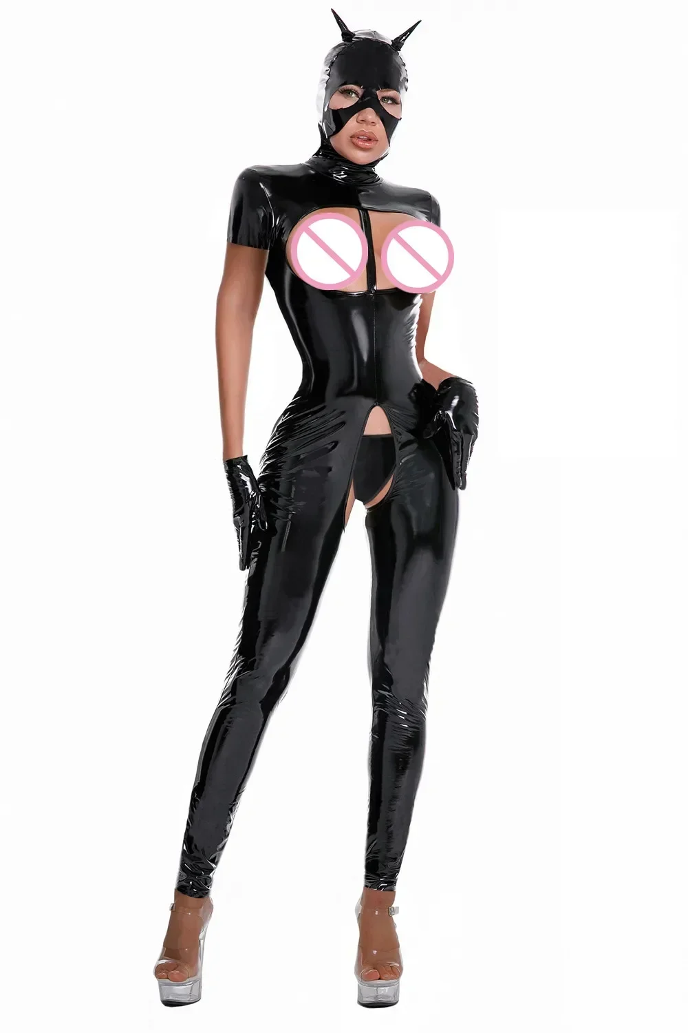 Erotic Breast Exposing Jumpsuit Teddy Lingerie Catsuit Sexy Women Leather Bodysuit Zip Open Crotch Skinny Latex Pants Costumes