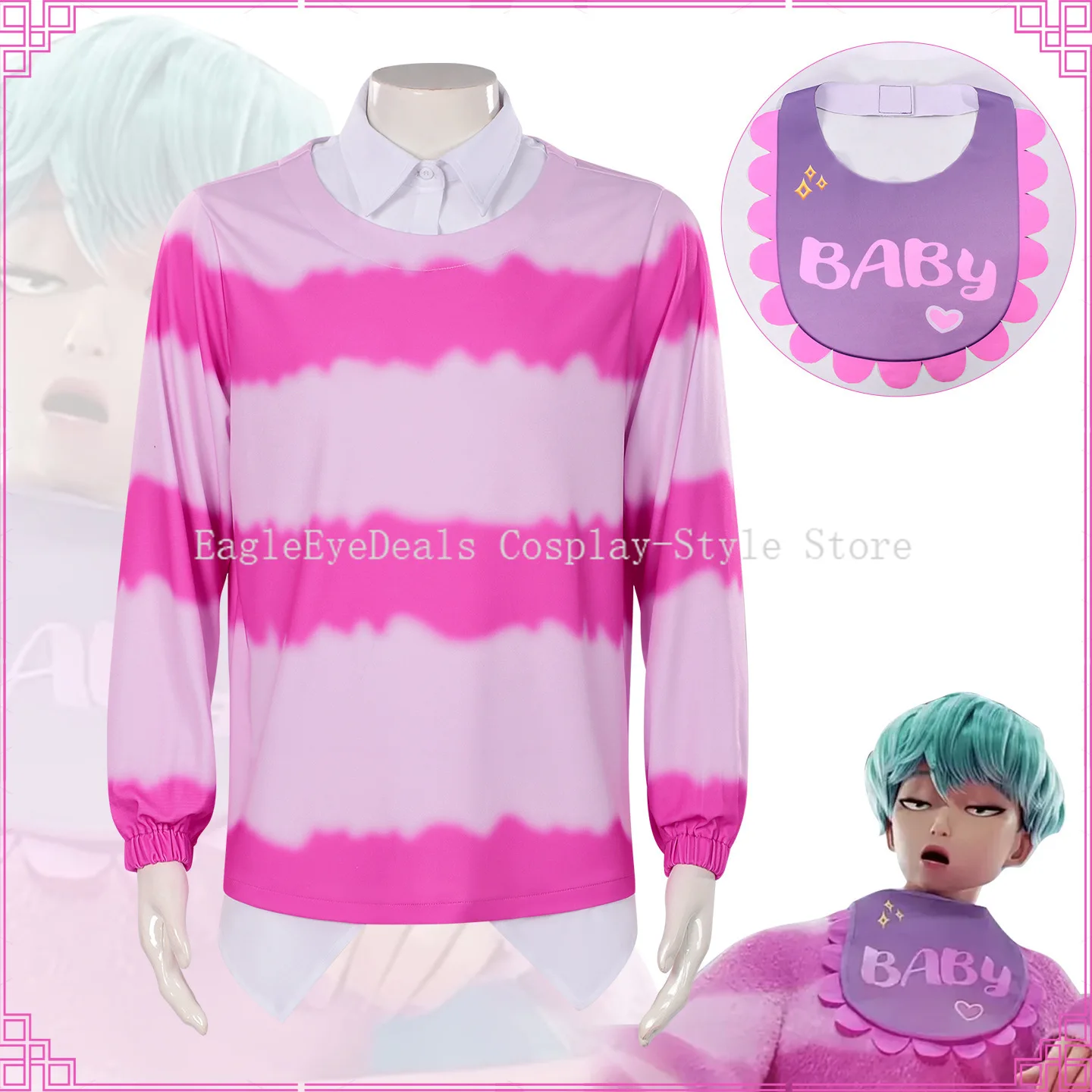 Kpop شيطان الصيادين طفل أطفال الكبار ساجا بنين تأثيري حلي الوردي مجموعة كاملة شعر مستعار تي شيرت مريلة لعب الأدوار هالوين لصبي رجل