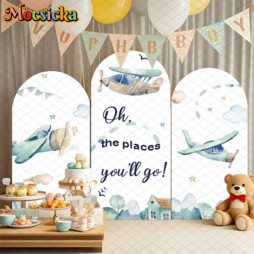 Mocsicka Baby Shower Boy Birthday Arch Backdrop Cover Elastic Double-Faced Arched Background Aircraft Party Decoration Photocall