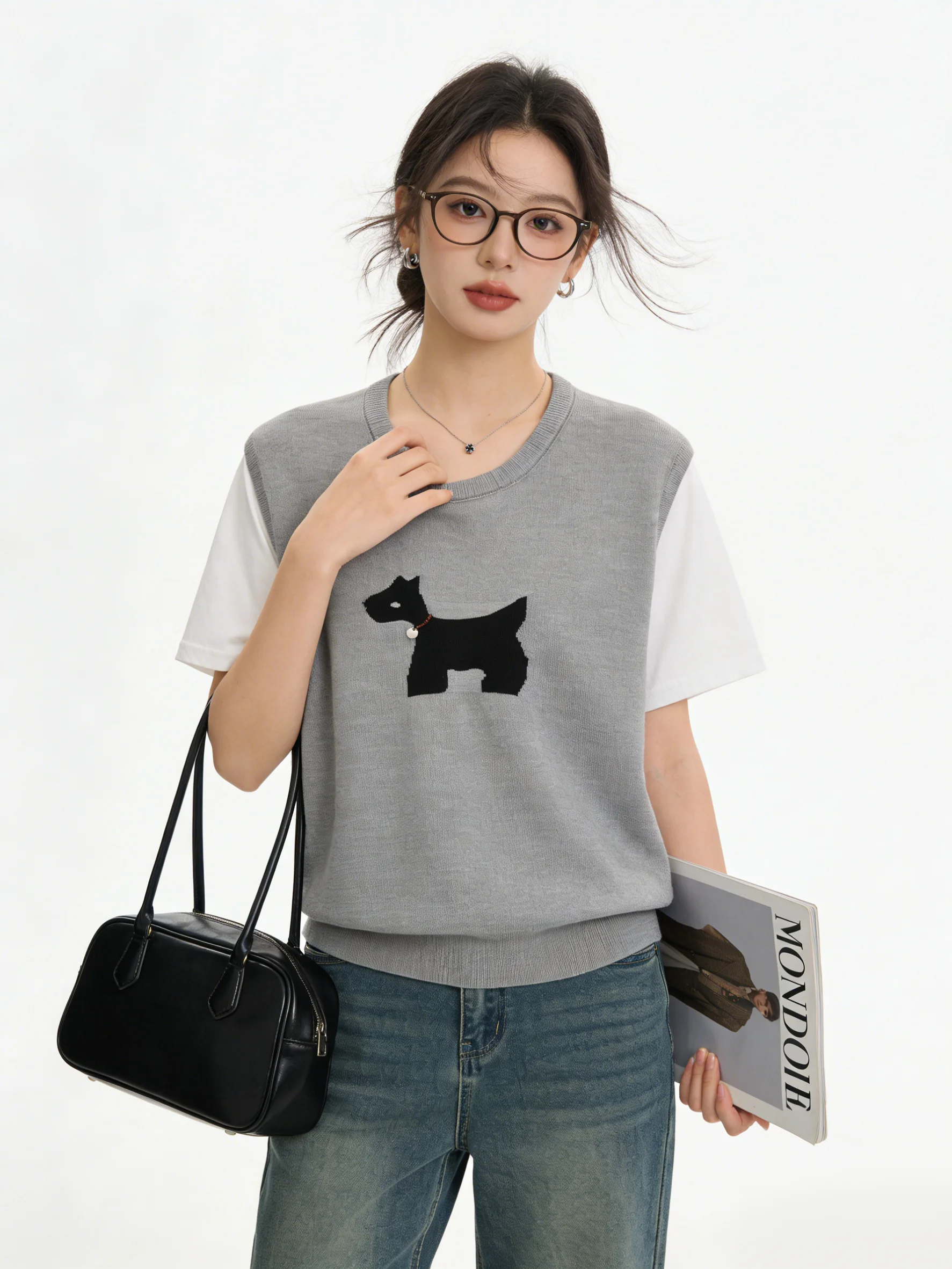 

Spring Short Sleeve Korean Style Cartoon Dog Print Knitted Top Loose Fit round Neck T-Shirt Fashionable Patchwork Design