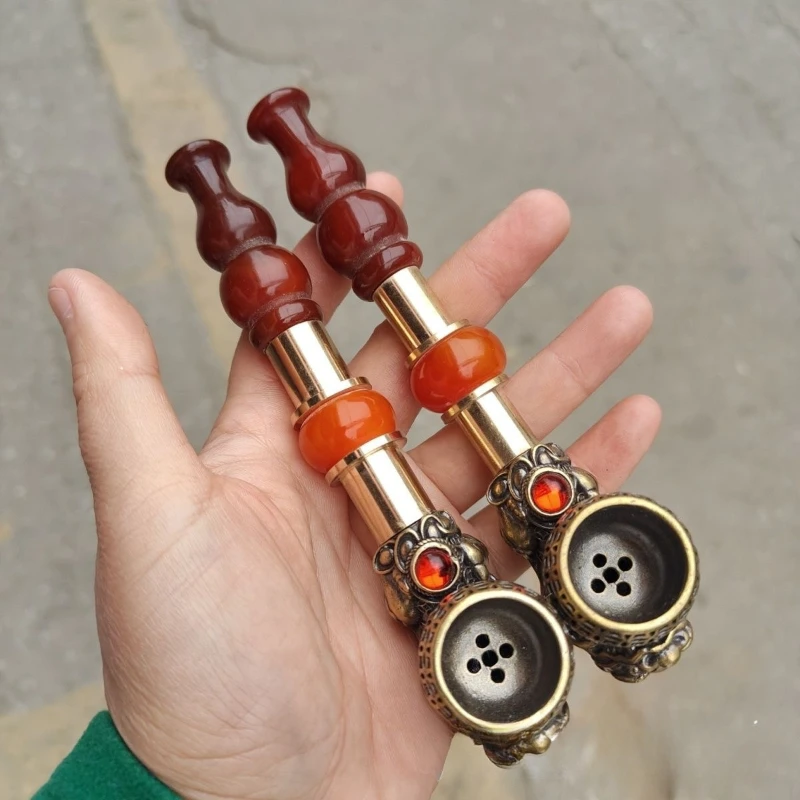 

Hand-made pure copper bully faucet dry pipe with red gourd and agate old carved dragon pipe