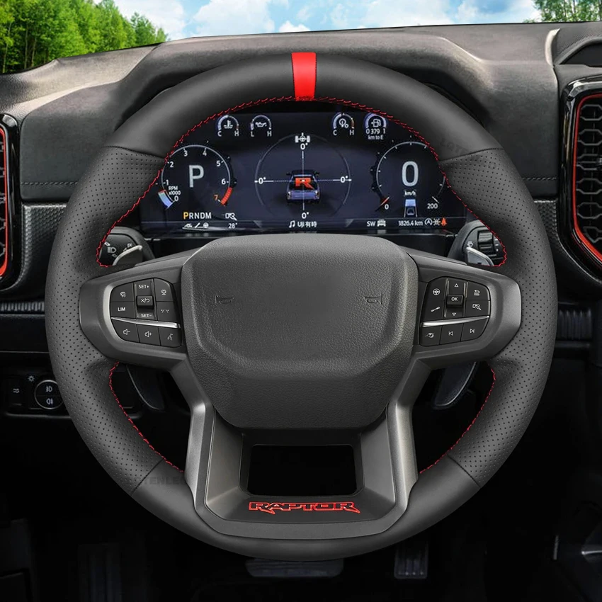 Black Faux Leather Car Steering Wheel Cover for Ford Ranger Raptor 2022 2023 2024