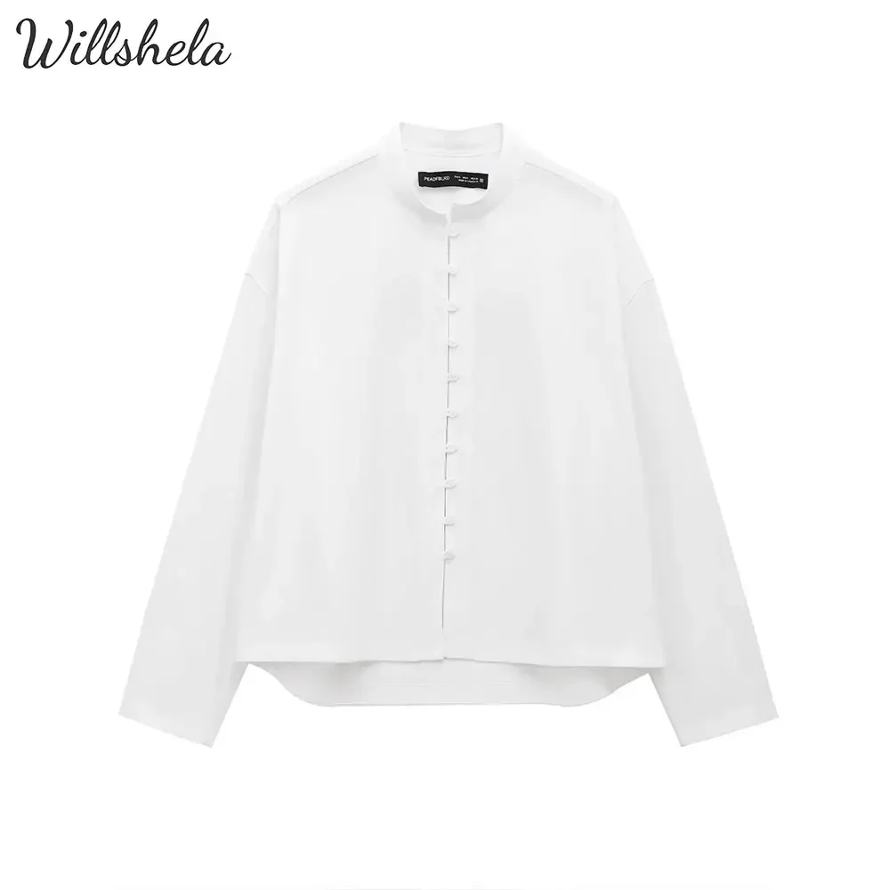 Willshela Women Fashion White Cotton Shirt Long Sleeves Chinese Style Female Chic Lady Mujer Casual Tops Blouse