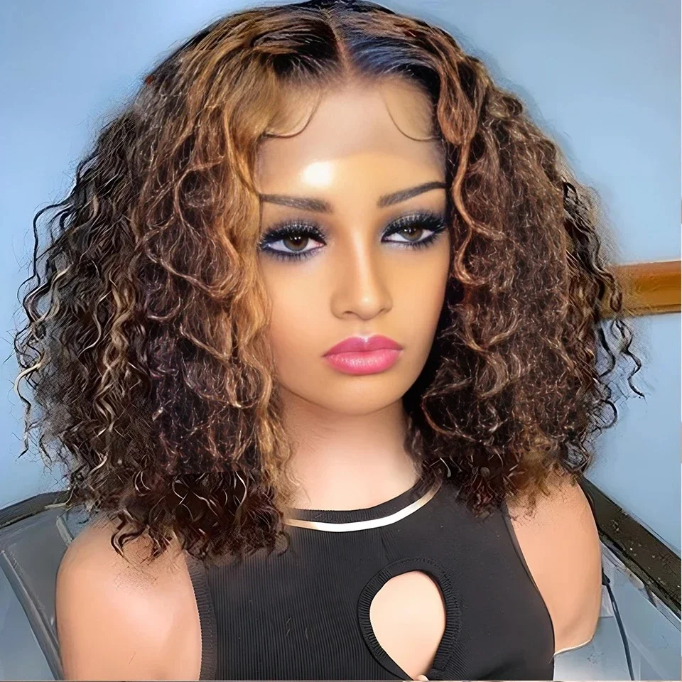 

Парик Rebecca Deep Curly Bob, черный, темный оттенок, перуанский, HD 13*6*2, с Т-образной прозрачной частью, Remy, с мелированием P4/27, красно-коричневый цвет