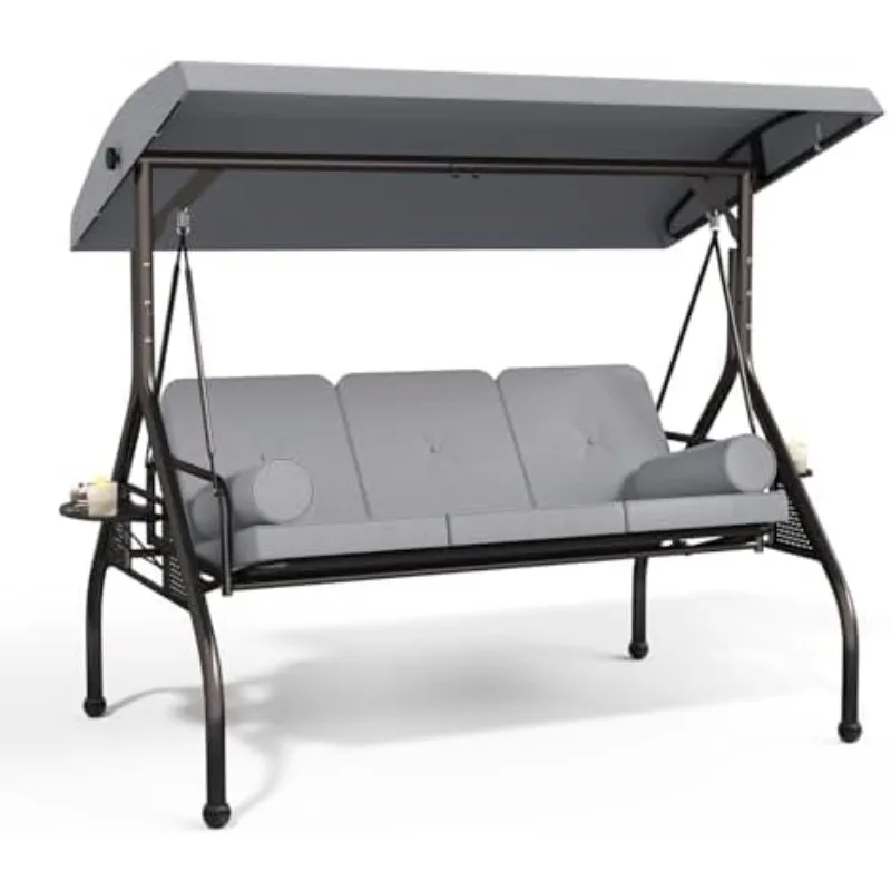 3-Seat Patio Swing Chair, Outdoor Porch Swing with Cushions,Pillows & Cup Holders, Adjustable Canopy Outside Bench