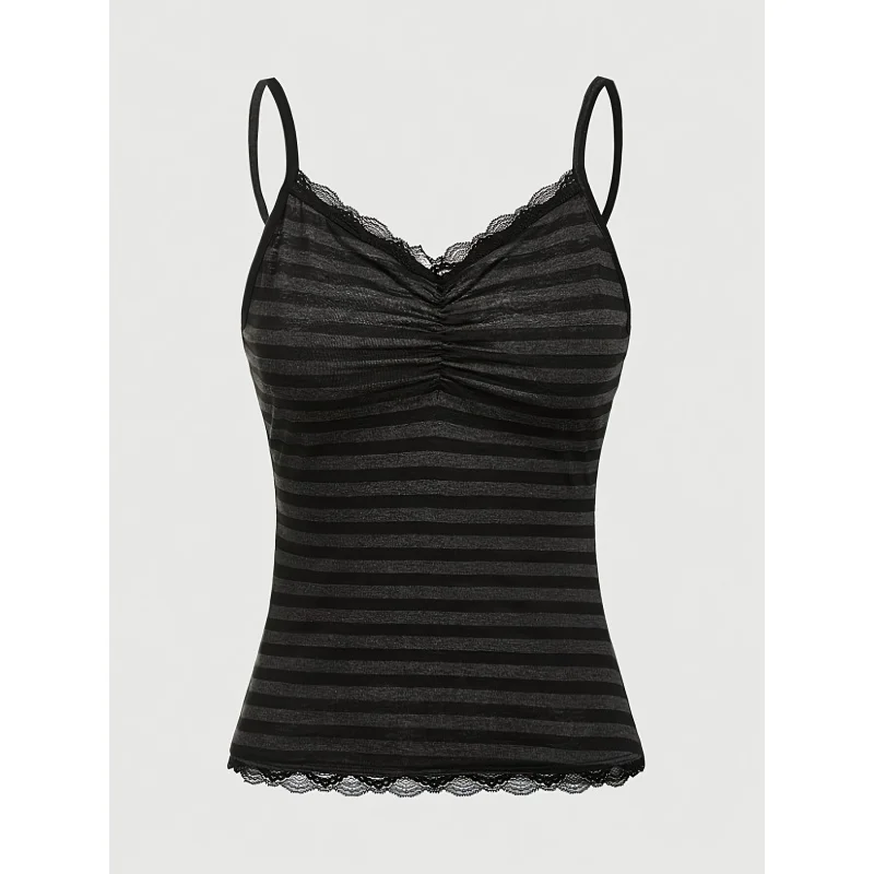 

[Halter Top] Lace Stripe Pleated Front Halter Top
