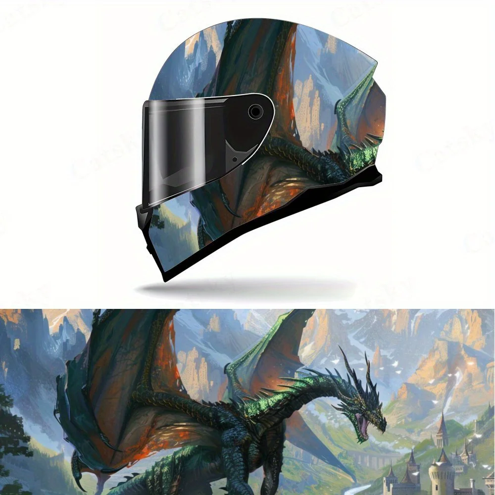 

Fantasy Dragon & Castle Motorcycle Helmet Decal, Waterproof Self-adhesive Helmet Vinyl Wraps Sticker, Gift for Motorcycle Lovers