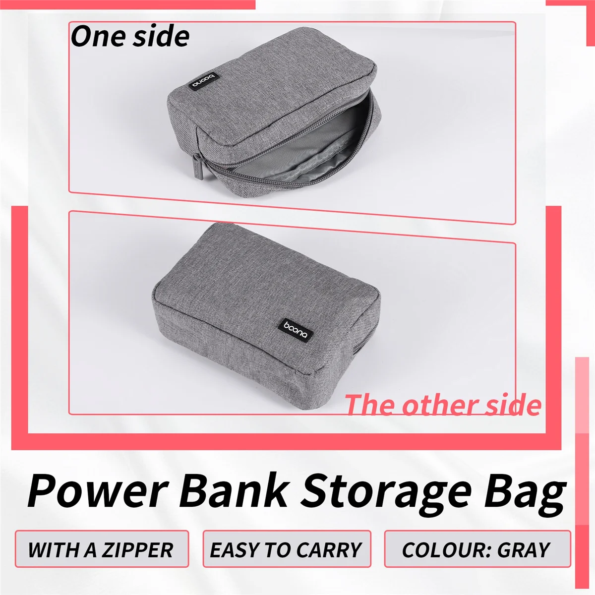 BOONA Portable Travel Storage Bag for Laptop Power Adapter Gray_BSH