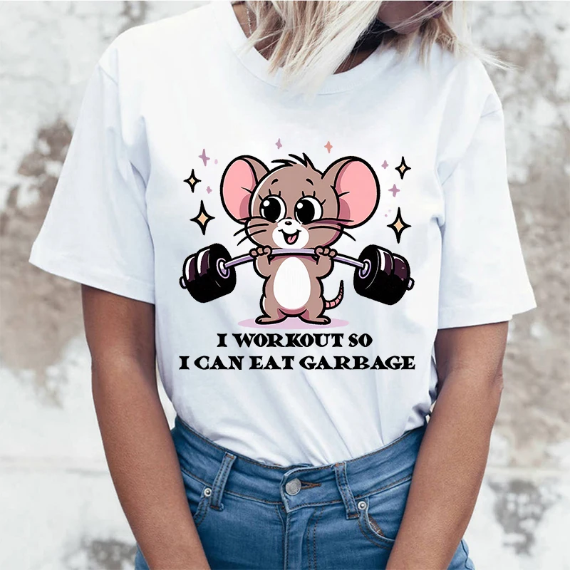 Hot Mouse I Workout So I Can Eat Garbage Printed T Shirts Unisex Casual Tops Summer Short Sleeve Harajuku Women T Shirts