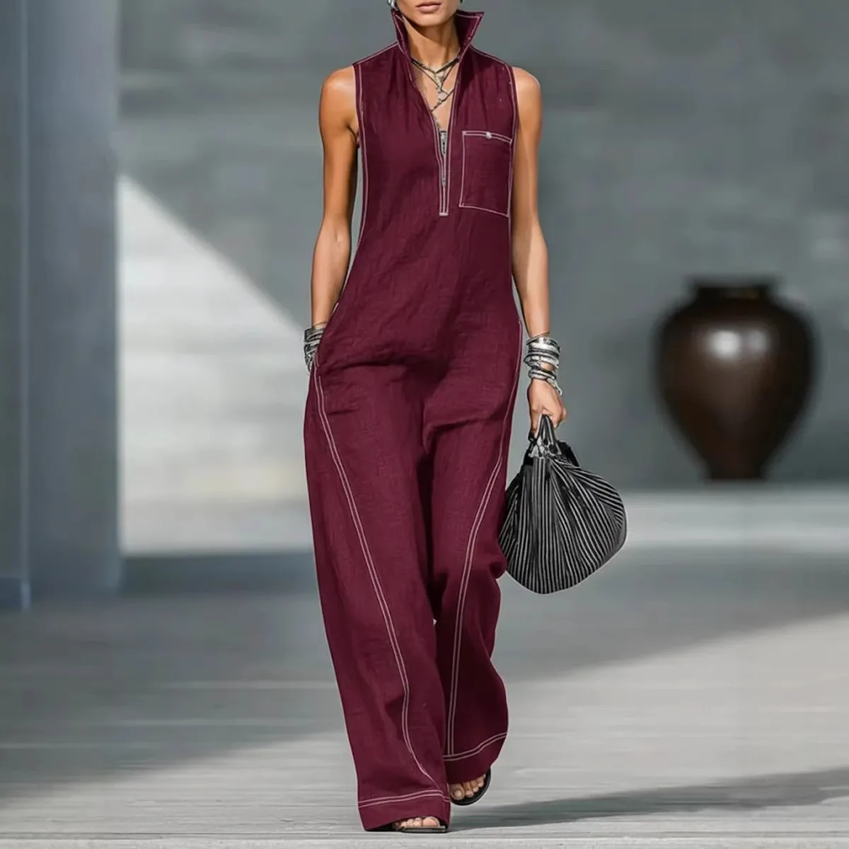 Women's Sleeveless Wide Leg Mid Waist Zipper Patchwork Jumpsuit Overalls For Women With Stand Collar Half Zip Front Contrast