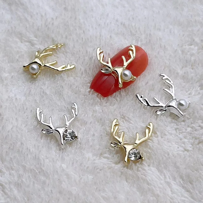 

10Pcs Alloy Christmas Nail Art Accessories Gold/Silver Deer Head Designs Charms Crystal/Pearl Rhinestones For Nail Decorations