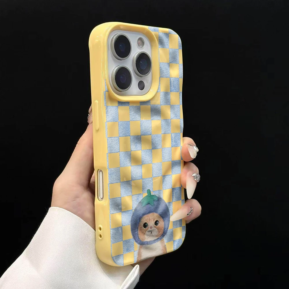 Modisches kariertes Handyhülle mit süßem Katzenmuster für iPhone 17 16 15 14 13 12 11 Pro Max 14 Plus 17Air, weiche Silikonhülle mit Falten-Wellen-Design – Detail 11