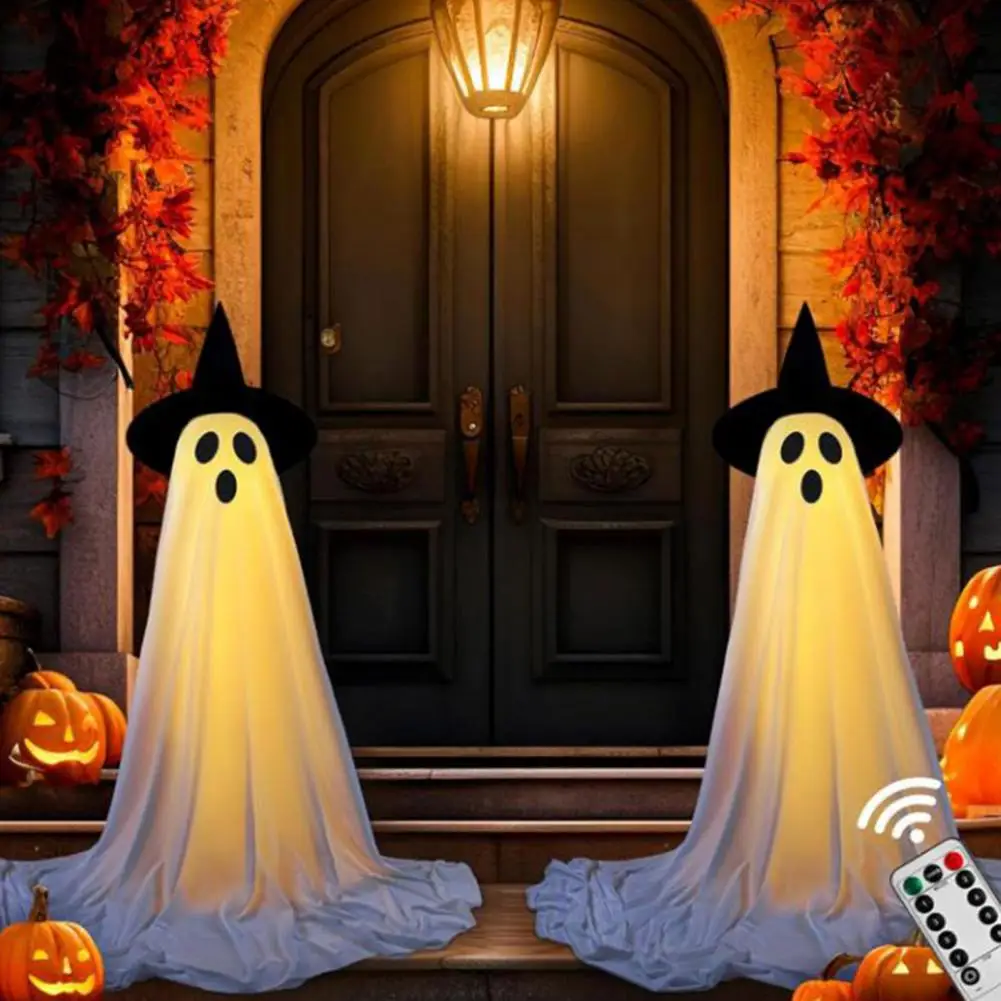 Haunted House Decor Spooky Halloween Ghost Decorations Set for Outdoor Yard Light-up Standing Ghost with Witch Hat for Front