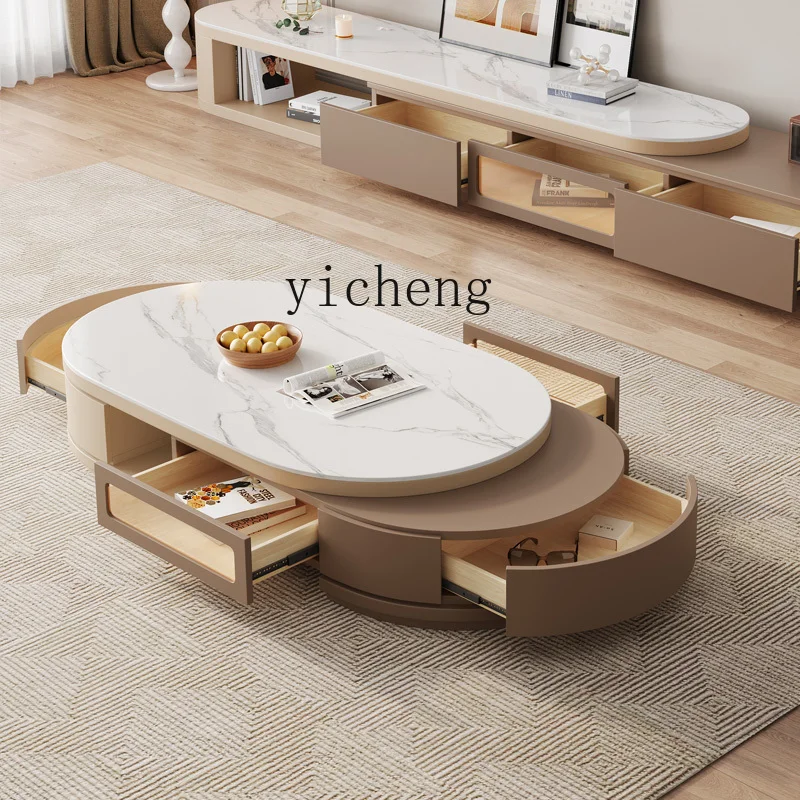 v1 solid wood rock slab retractable coffee table TV cabinet small apartment living  modern high-end mid-ancient coffee table