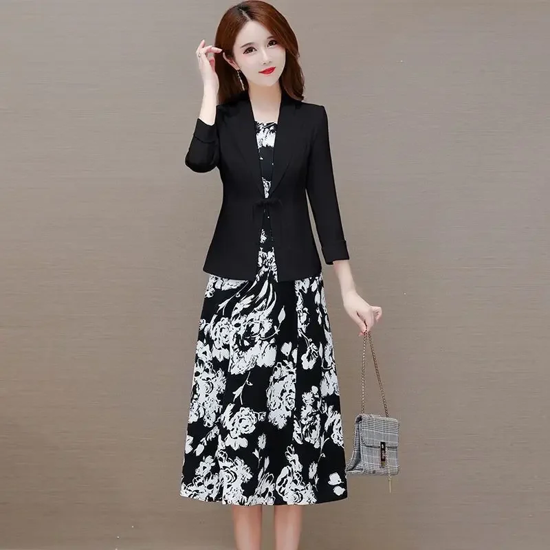 Women\'s 2024 Spring/Summer New In Matching Set Korean Elegant Thin Suit Coat+floral Dress Two-piece Female Professional Wear